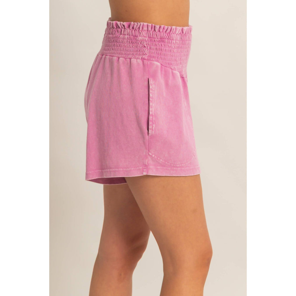 Smocked Waist Mineral Wash Shorts: FUCHSIA / S-M-L(2-2-2)
