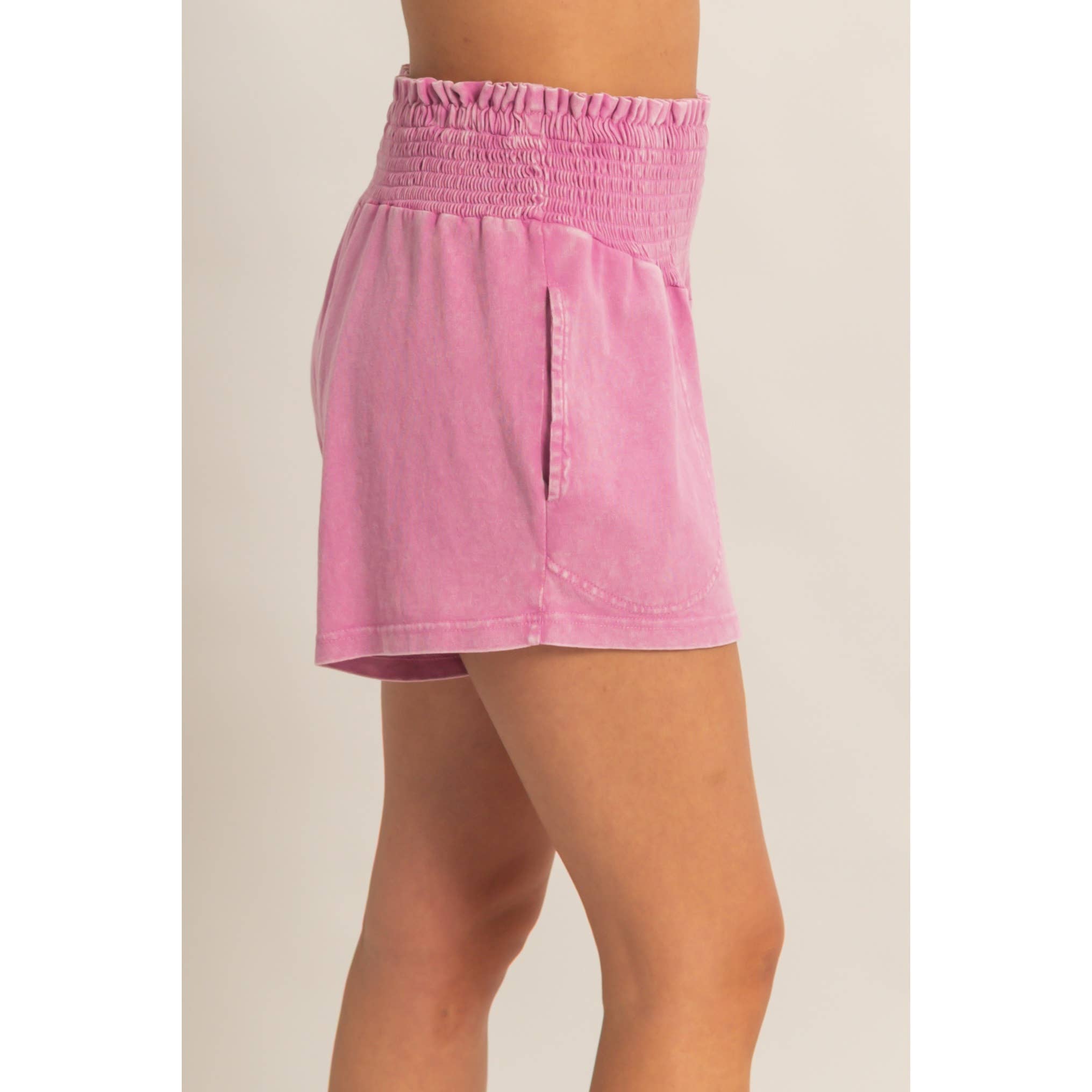 Smocked Waist Mineral Wash Shorts: FUCHSIA / S-M-L(2-2-2)