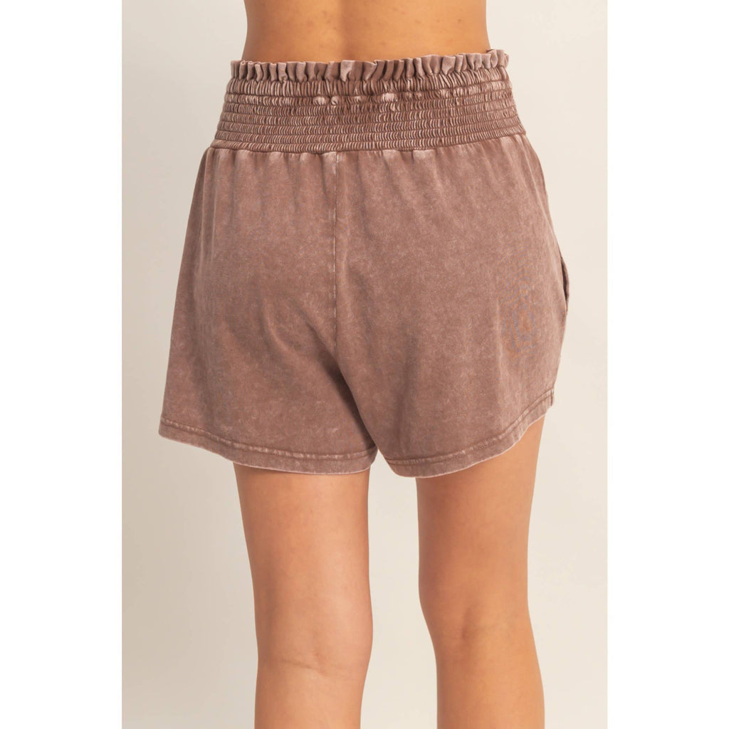 Smocked Waist Mineral Wash Shorts: FUCHSIA / S-M-L(2-2-2)