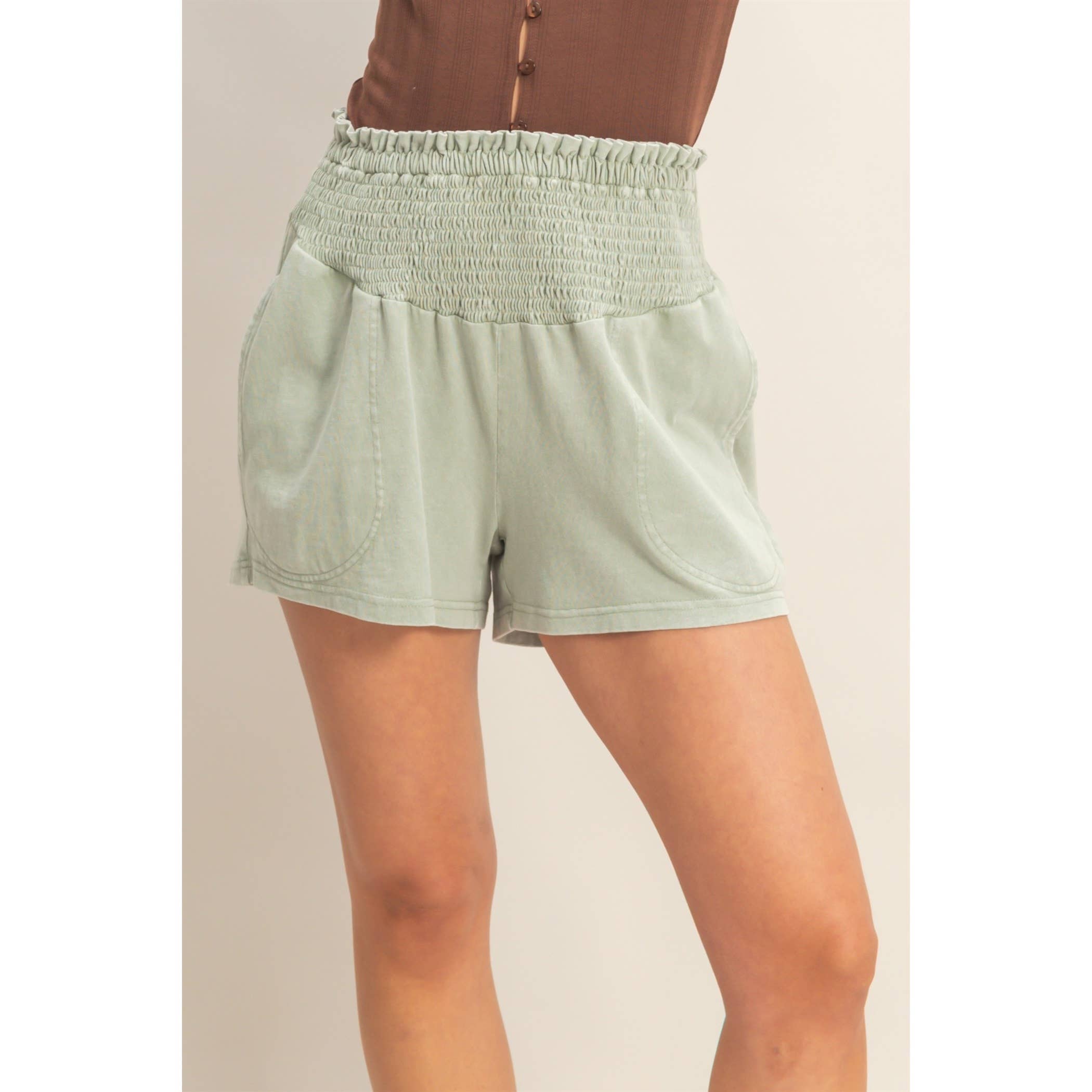Smocked Waist Mineral Wash Shorts: FUCHSIA / S-M-L(2-2-2)