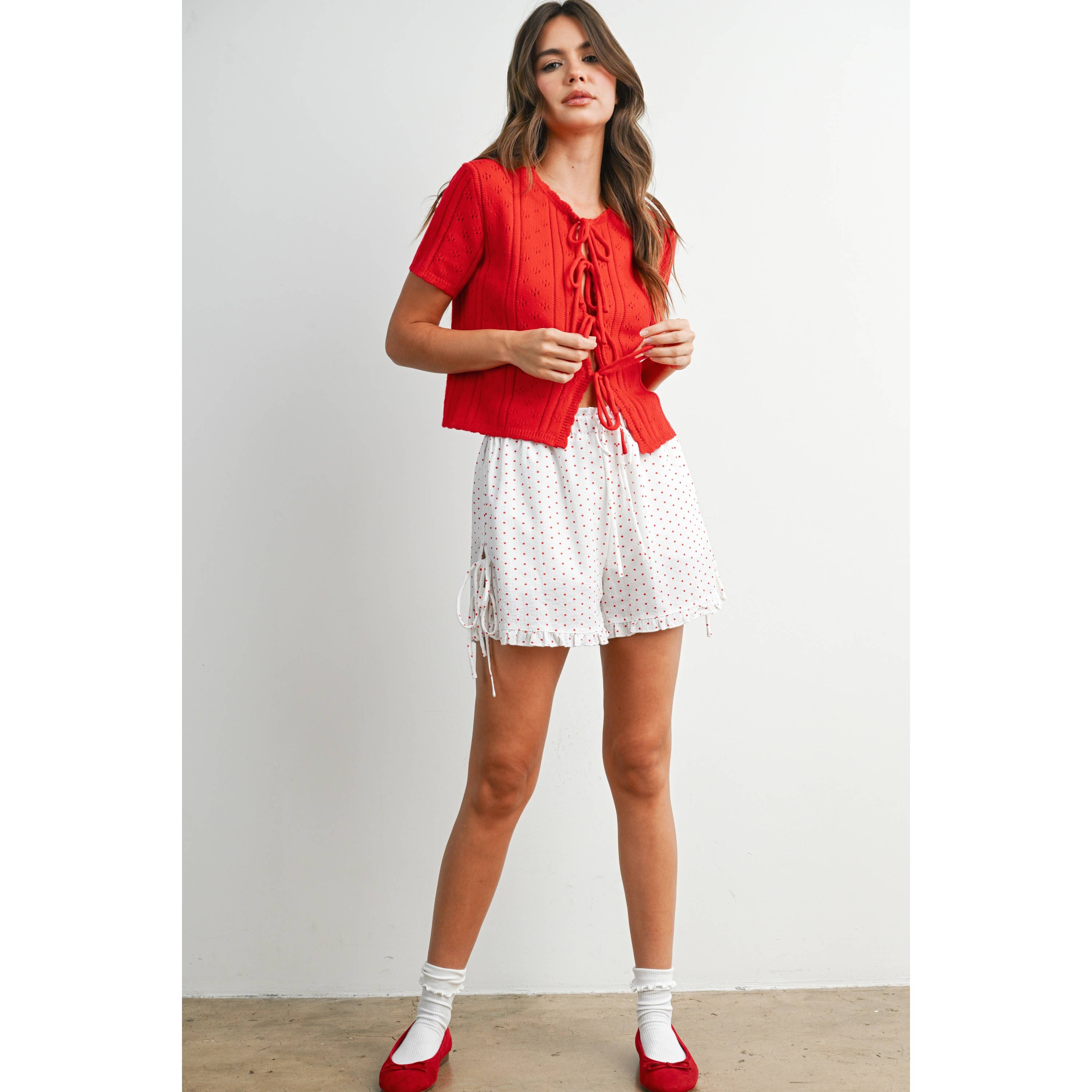 Polka Dot Ruffle Hem Tie-Side Shorts - BMP8189: IVORY / BLACK / L