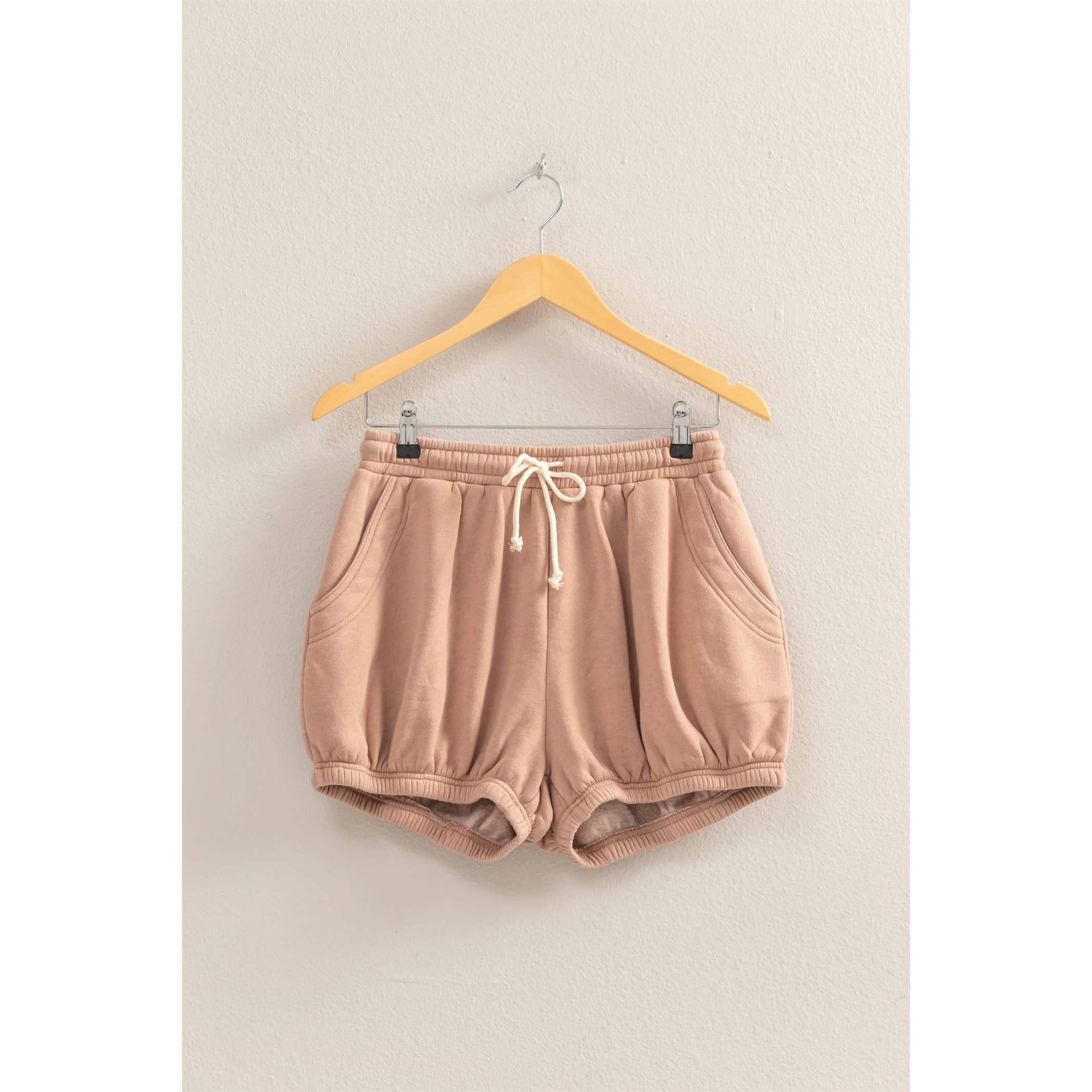 Drawstring Waist Bubbled Hem Shorts: SOFT PINK / S-M-L(2-2-2)