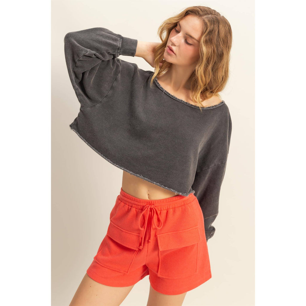 Frayed Detail Long Sleeve Crop Top: SAGE GREEN / S-M-L(2-2-2)