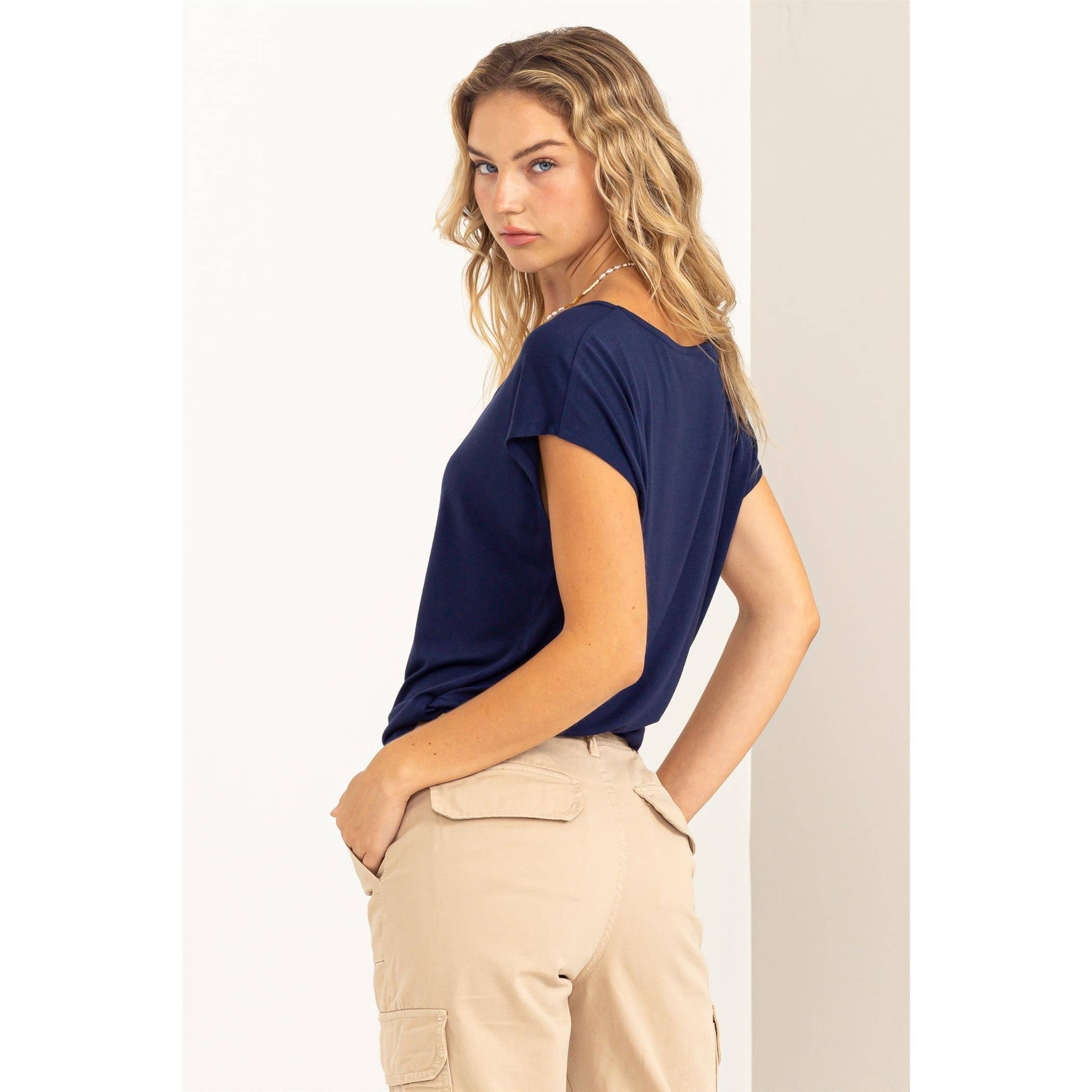 Scoop Neck Short Sleeves Top: PALE OLIVE / S-M-L(2-2-2)
