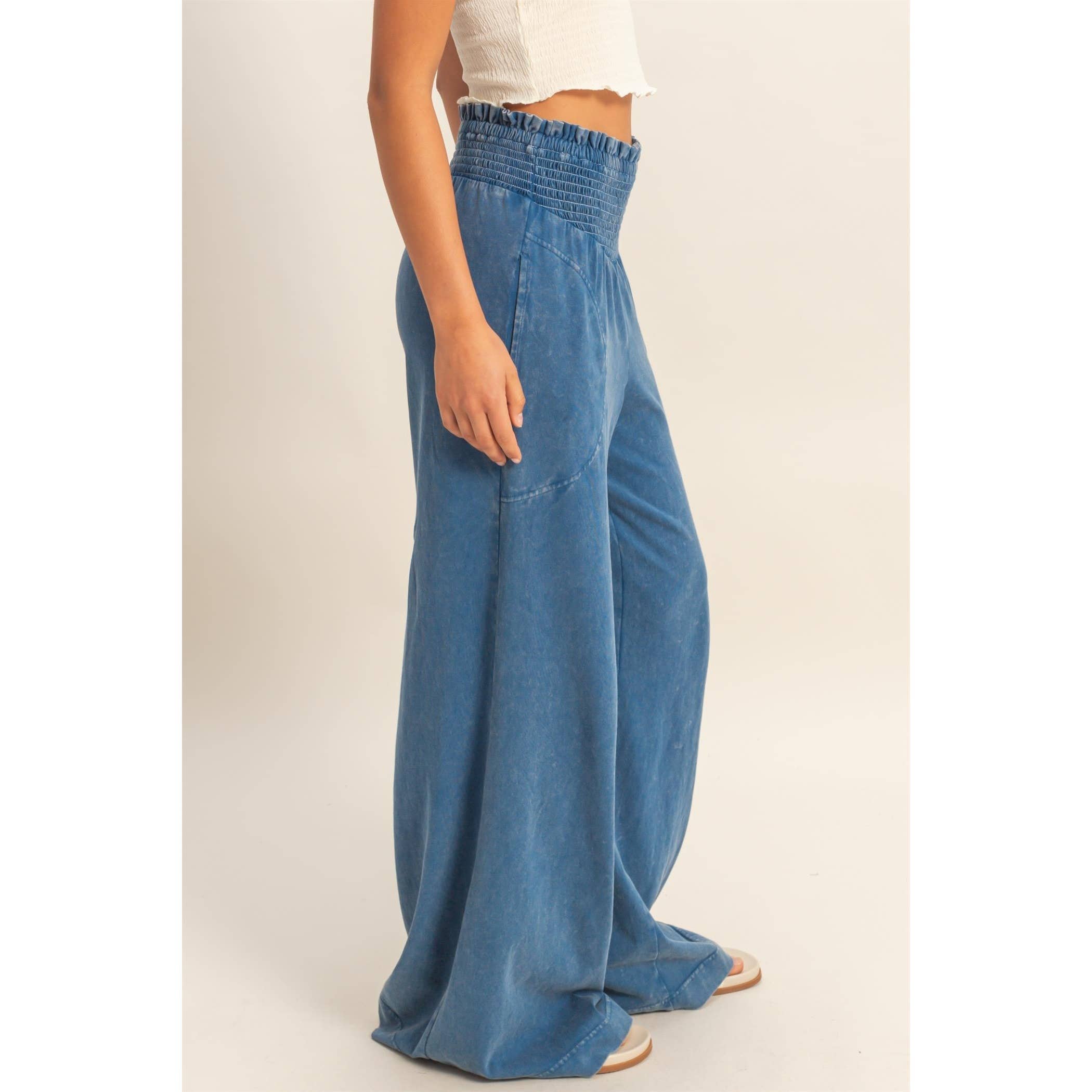 Mineral Washed Wide-Leg Smocked Waist Pants: SOFT PINK / S-M-L(2-2-2)