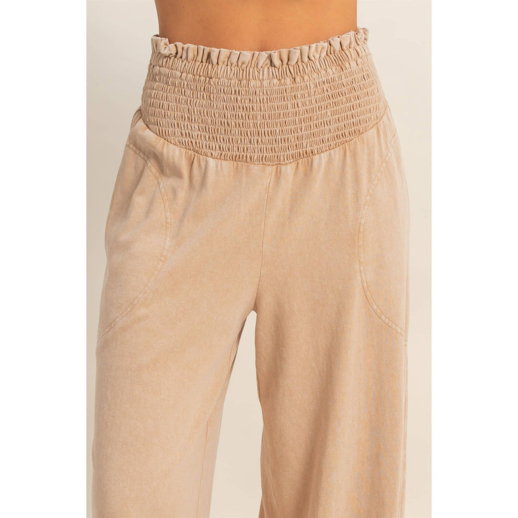 Mineral Washed Wide-Leg Smocked Waist Pants: SOFT PINK / S-M-L(2-2-2)