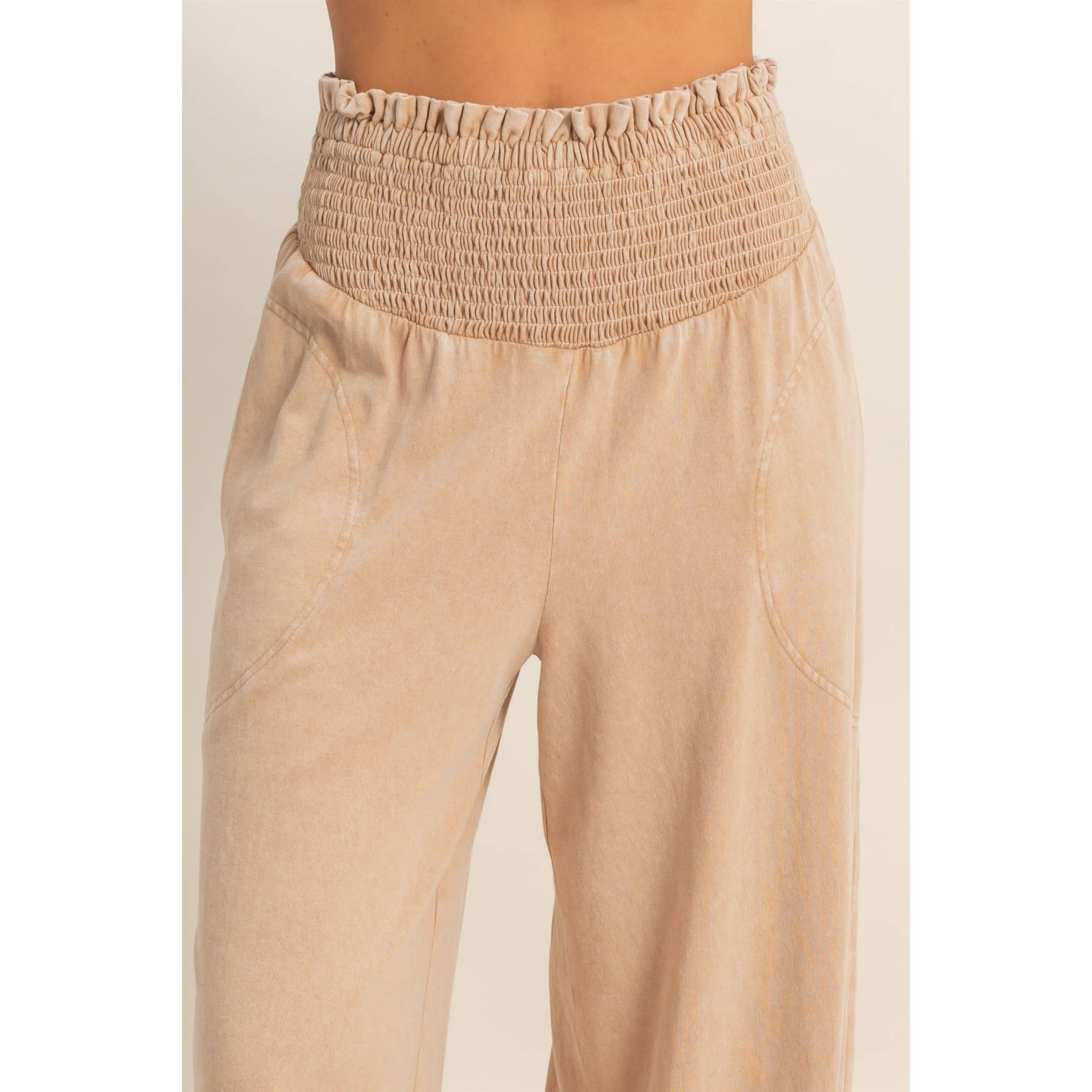 Mineral Washed Wide-Leg Smocked Waist Pants: SOFT PINK / S-M-L(2-2-2)