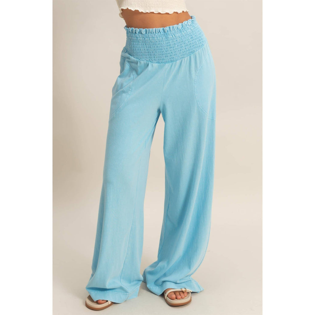 Mineral Washed Wide-Leg Smocked Waist Pants: SOFT PINK / S-M-L(2-2-2)
