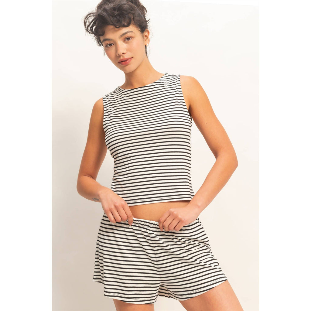 Striped Sleeveless Tank And Shorts Set: BLACK / S-M-L(2-2-2)