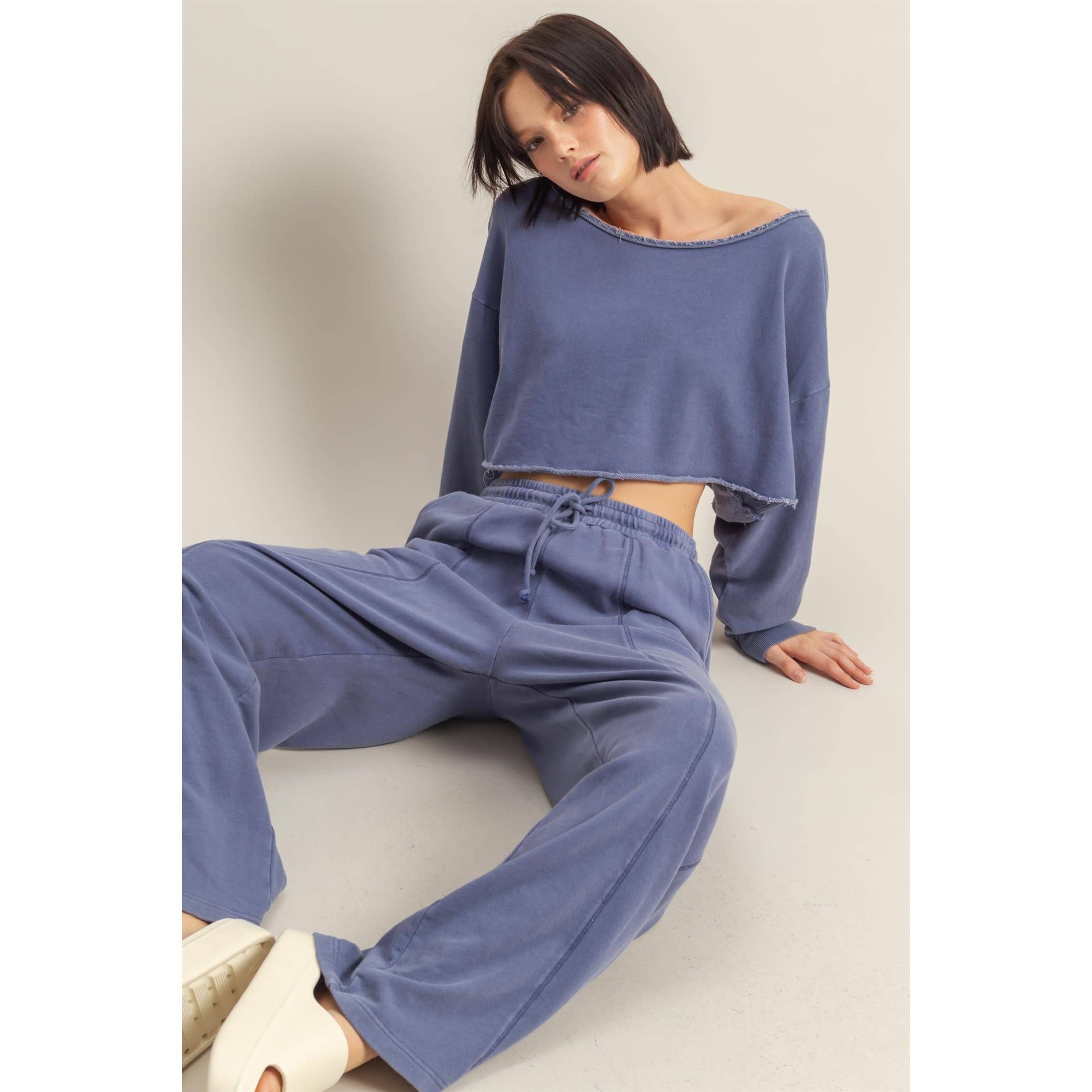 Frayed Detail Long Sleeve Crop Top: SAGE GREEN / S-M-L(2-2-2)