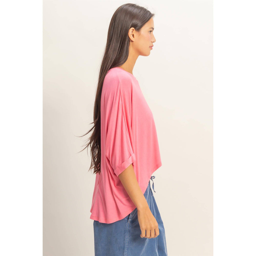 Relaxed High-Low Batwing Sleeve Top: BLACK / S-M-L(2-2-2)