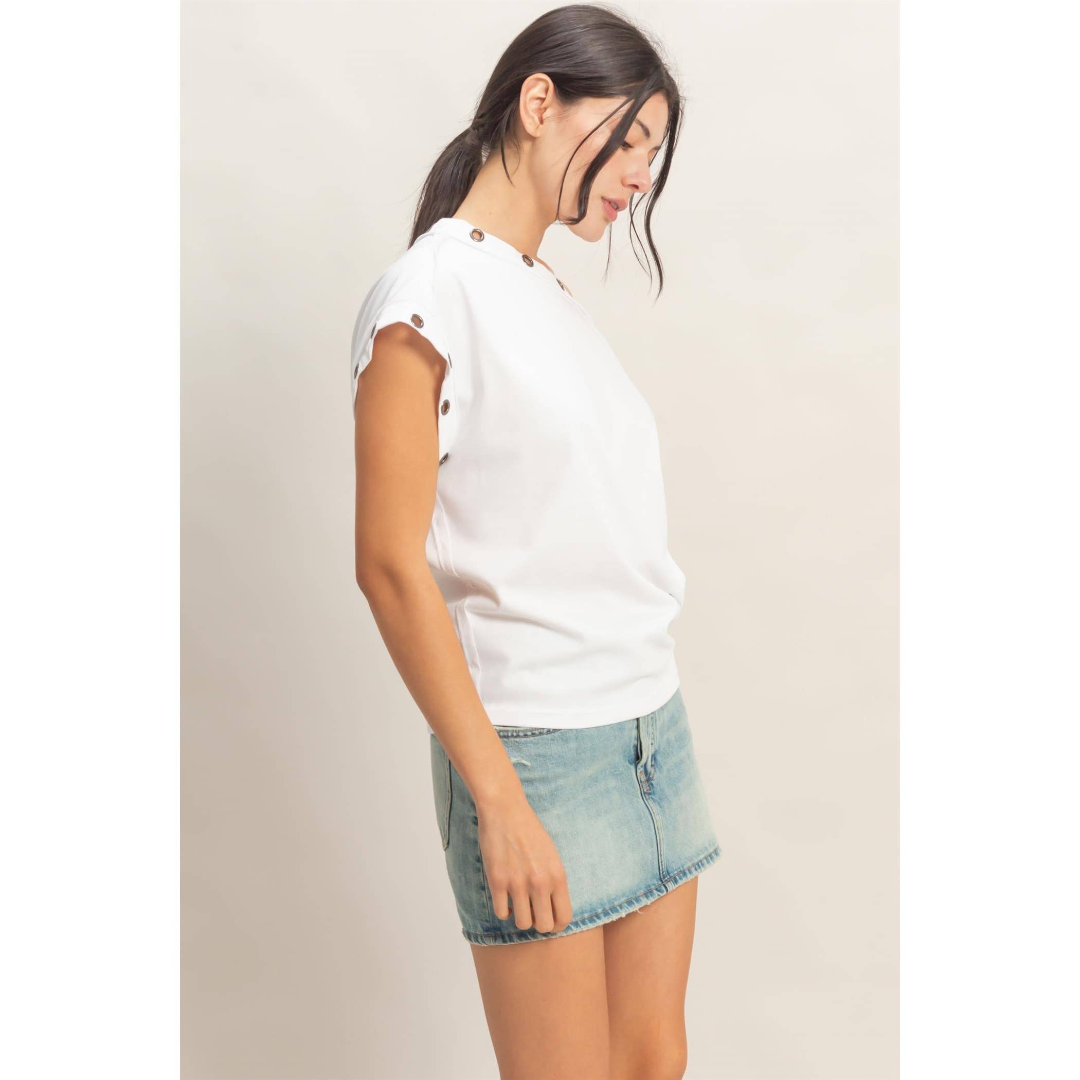 Off Shoulder Top With Eyelets: OFF WHITE
