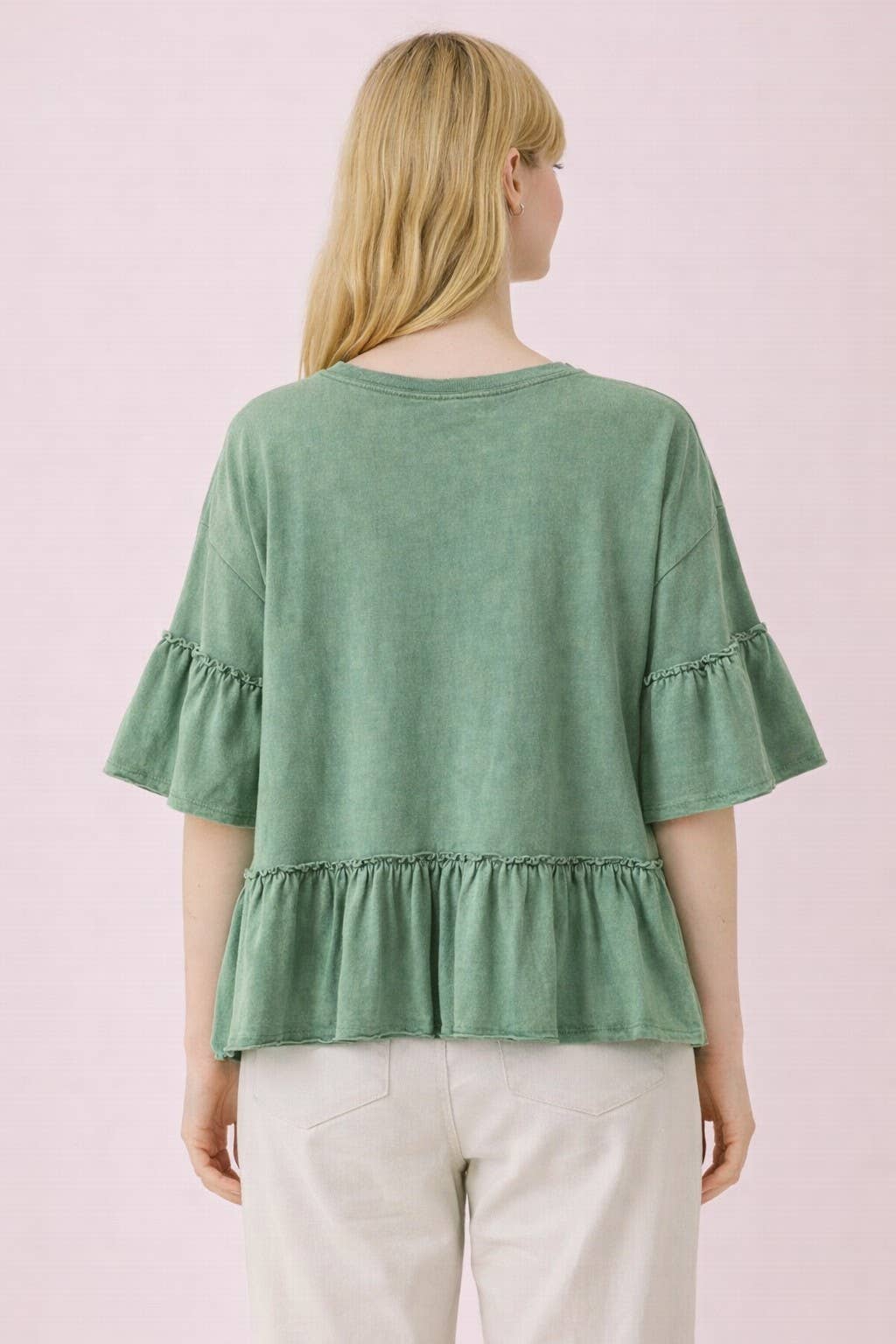 Mineral Washed Ruffle Detail Knit Top: BLUE /