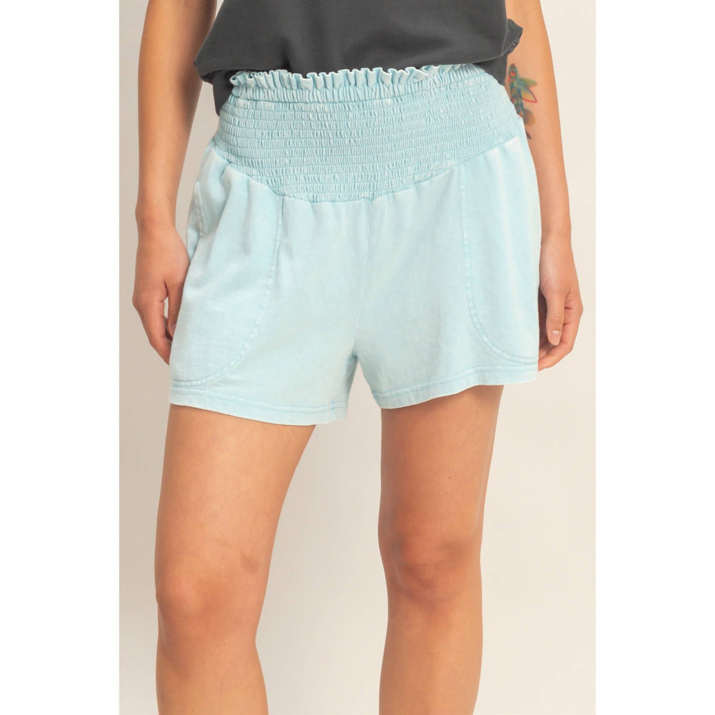 Smocked Waist Mineral Wash Shorts: FUCHSIA / S-M-L(2-2-2)