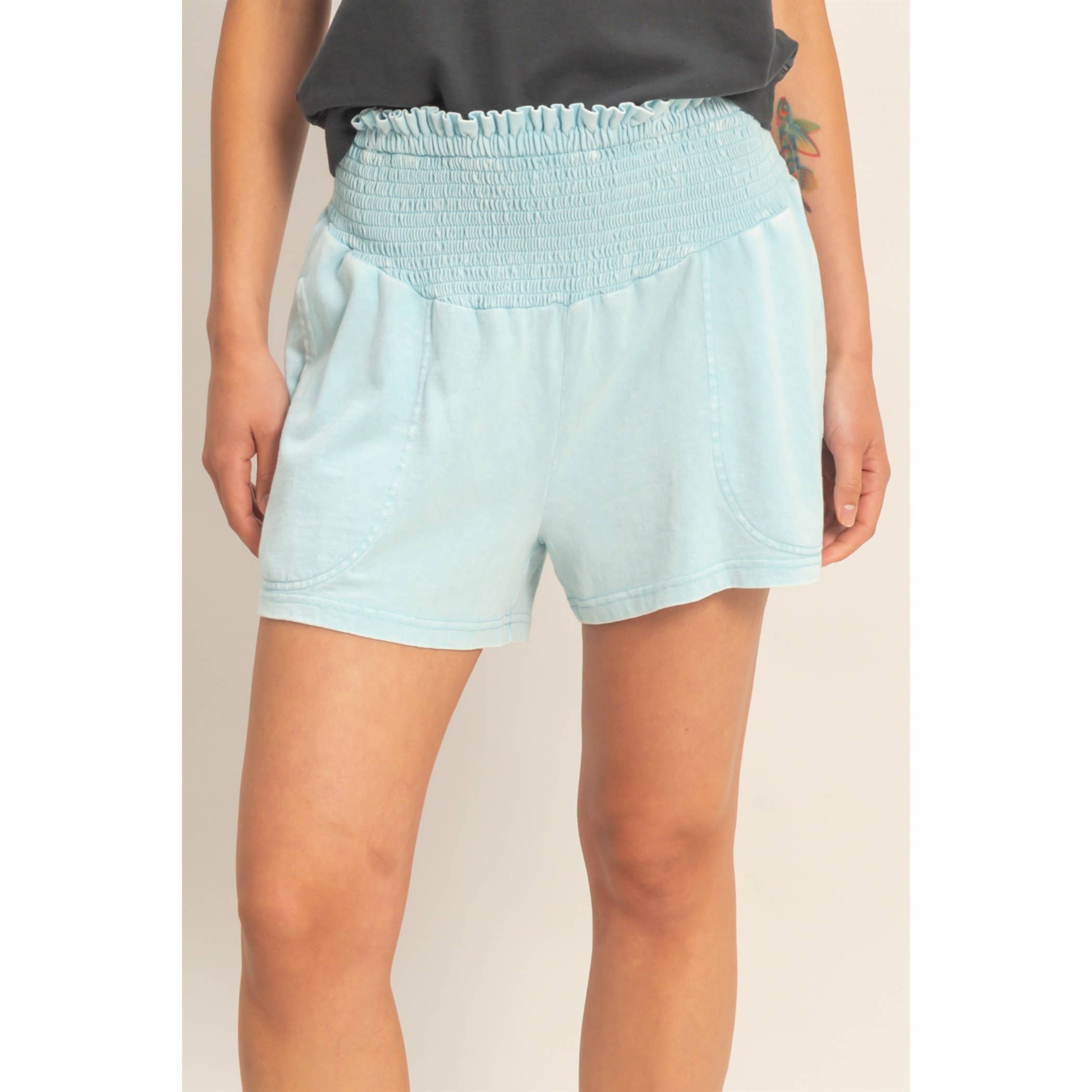 Smocked Waist Mineral Wash Shorts: FUCHSIA / S-M-L(2-2-2)