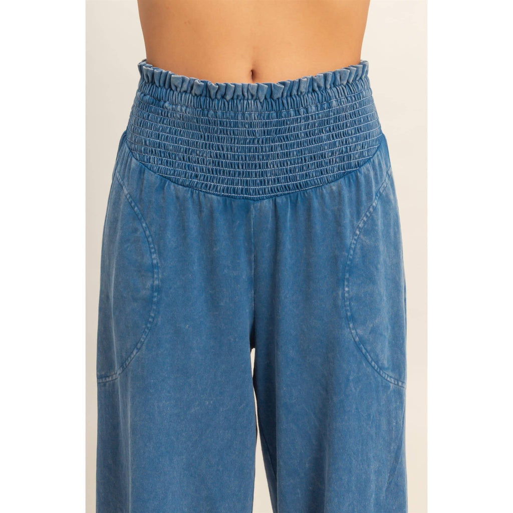 Mineral Washed Wide-Leg Smocked Waist Pants: SOFT PINK / S-M-L(2-2-2)