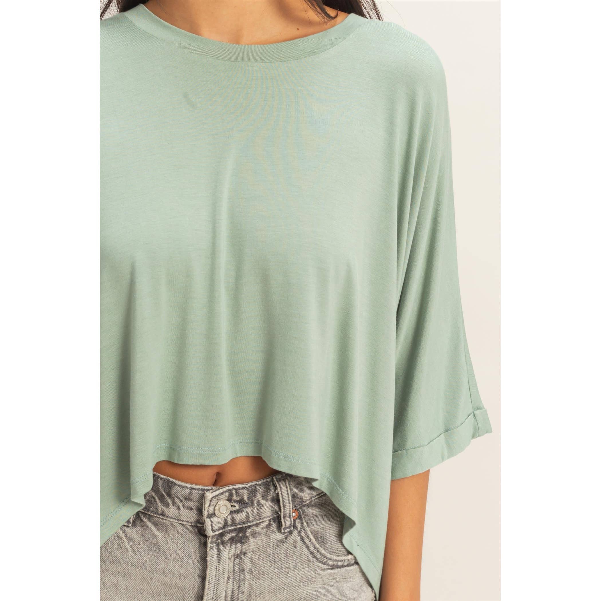 Relaxed High-Low Batwing Sleeve Top: BLACK / S-M-L(2-2-2)
