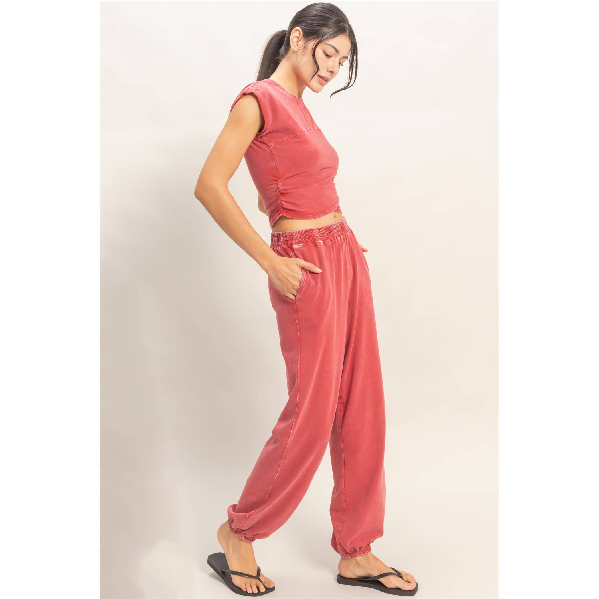 Rolled Sleeve Wrap-Front Crop Top And Jogger Set: SAGE GREEN / S-M-L(2-2-2)