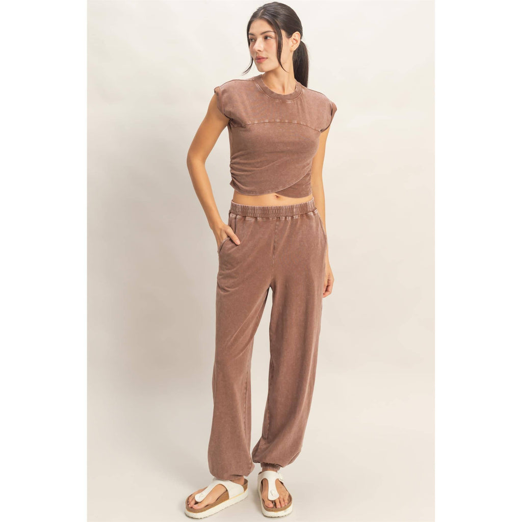 Rolled Sleeve Wrap-Front Crop Top And Jogger Set: SAGE GREEN / S-M-L(2-2-2)