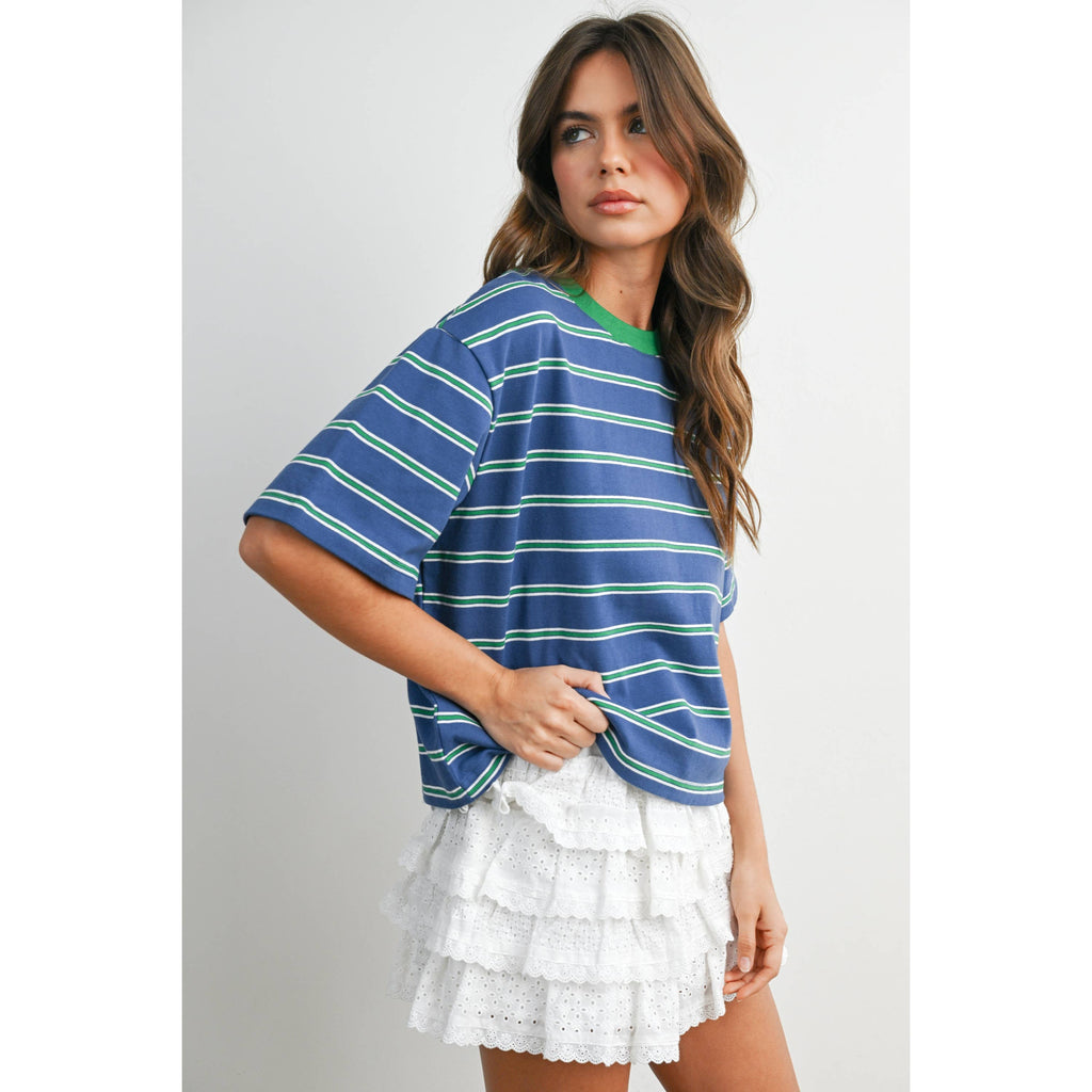 Striped Boxy Cropped T-Shirt - BMT8347: GREEN / PINK / L