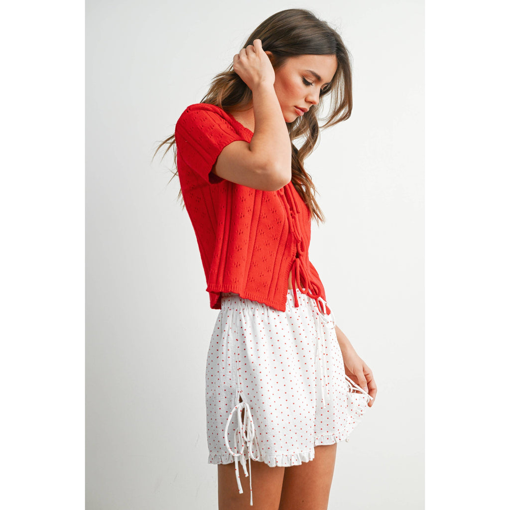 Polka Dot Ruffle Hem Tie-Side Shorts - BMP8189: IVORY / BLACK / S