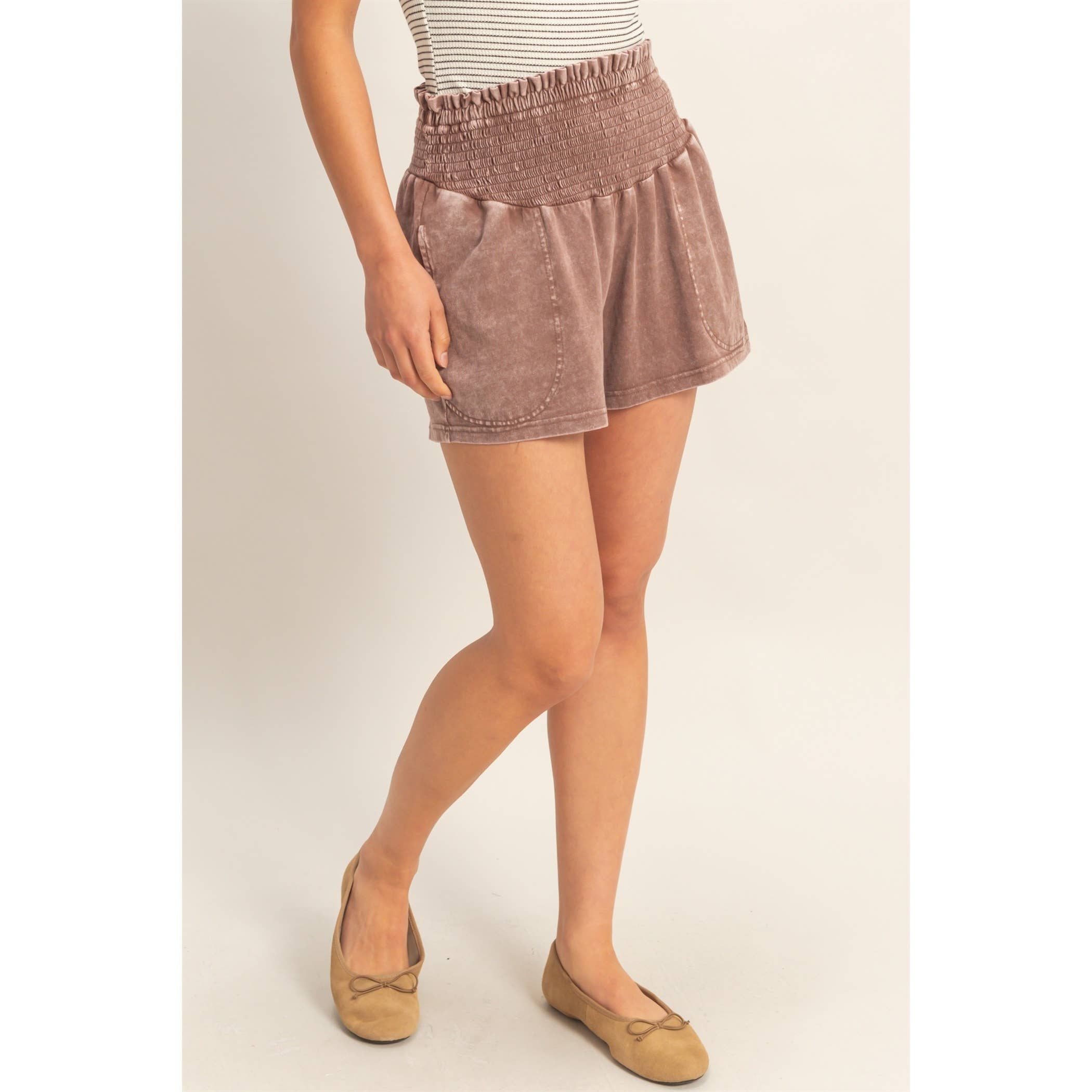 Smocked Waist Mineral Wash Shorts: FUCHSIA / S-M-L(2-2-2)