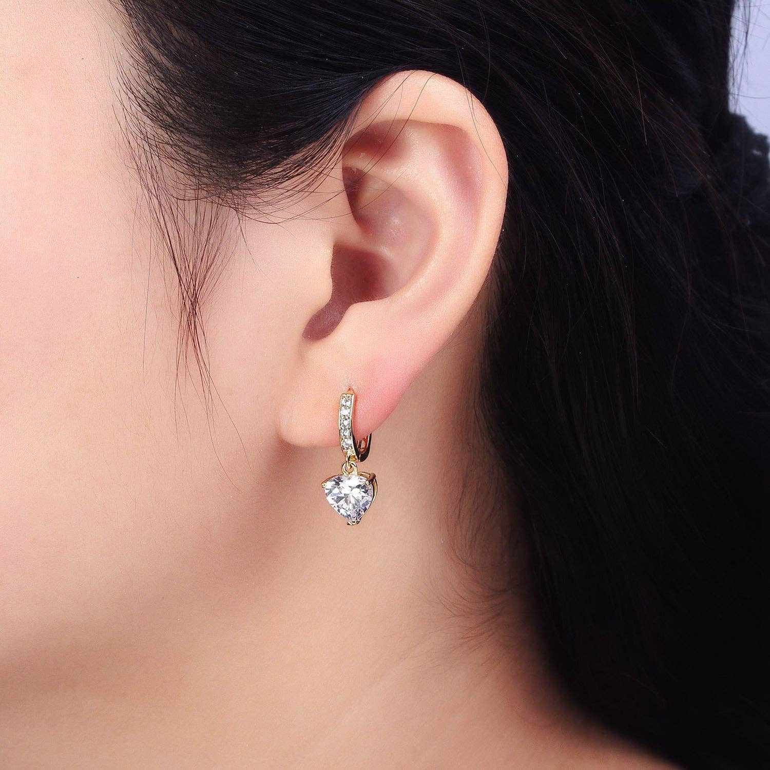 14K Gold Filled Clear CZ Heart Drop Oblong Hoop Earrings