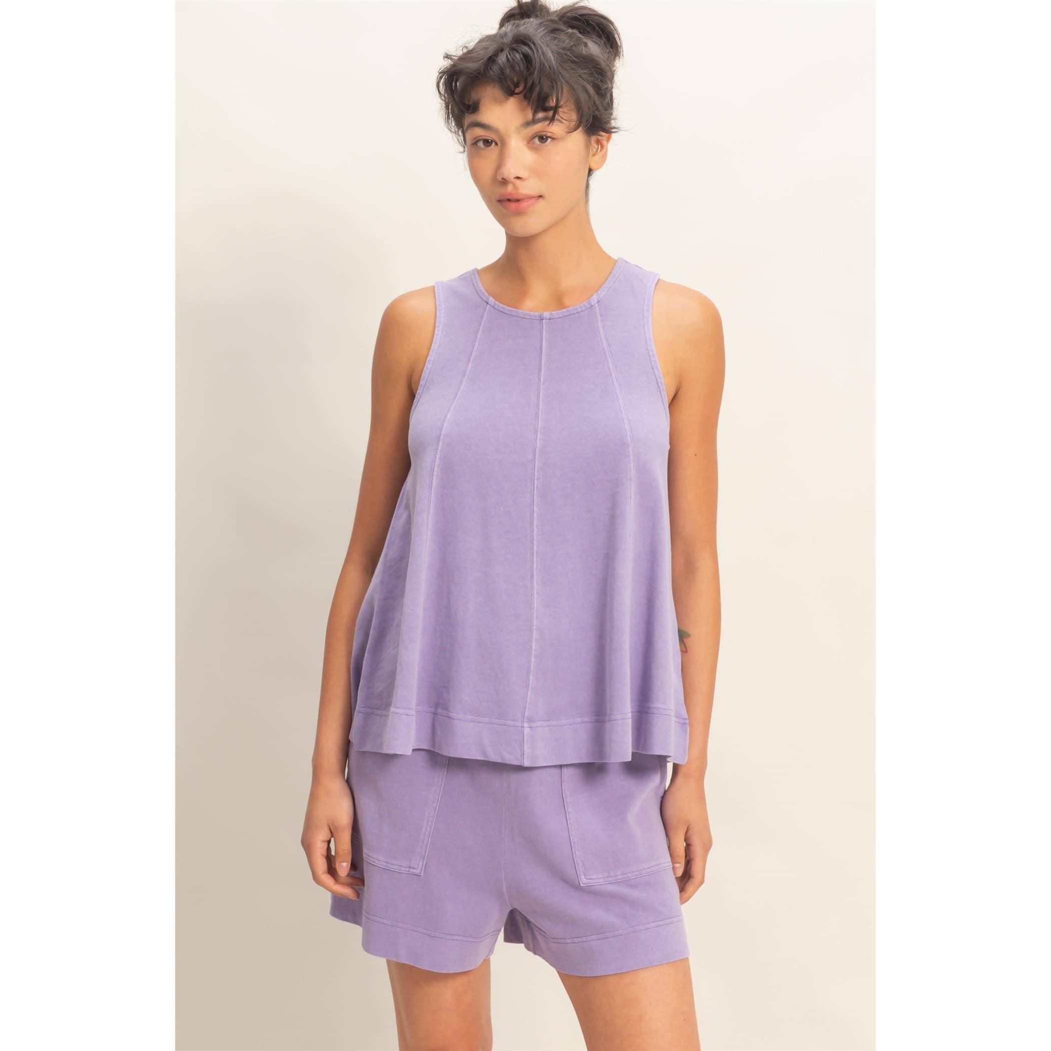 Sleeveless Round Neck Top & Shorts Set: DUSTY PURPLE / S-M-L(2-2-2)