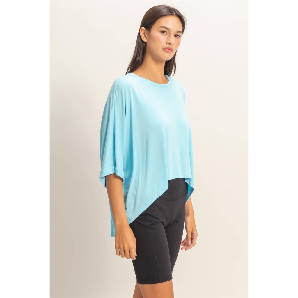 Relaxed High-Low Batwing Sleeve Top: BLUE / S-M-L(2-2-2)
