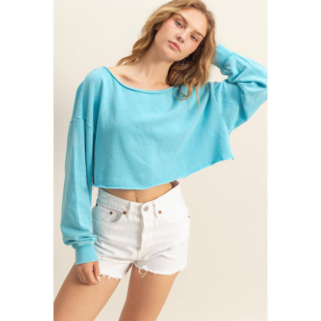 Frayed Detail Long Sleeve Crop Top: SAGE GREEN / S-M-L(2-2-2)