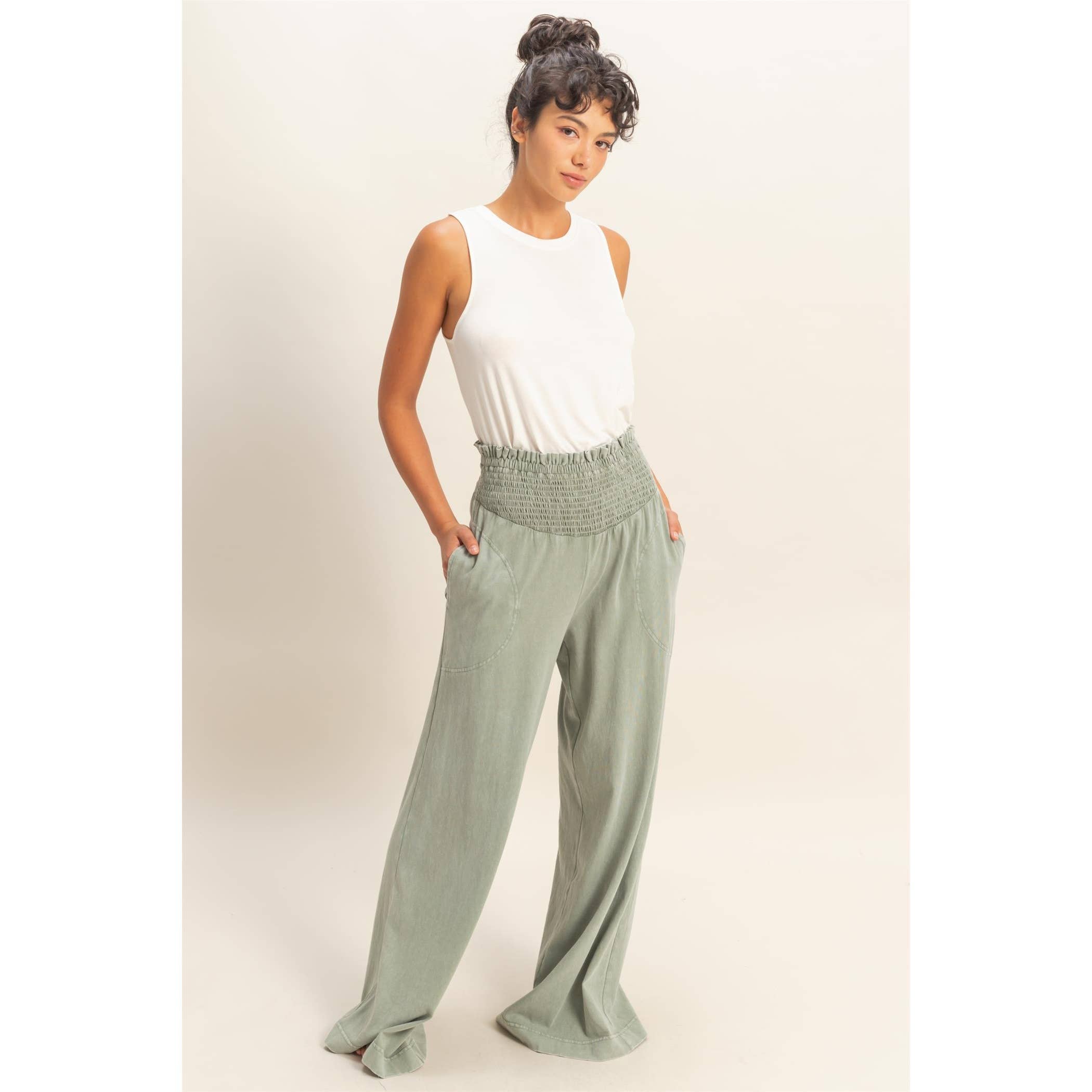 Mineral Washed Wide-Leg Smocked Waist Pants: SOFT PINK / S-M-L(2-2-2)