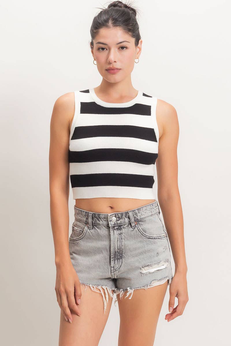 Striped Crop Tank Knit Top: CHOCOLATE / S-M-L(2-2-2)