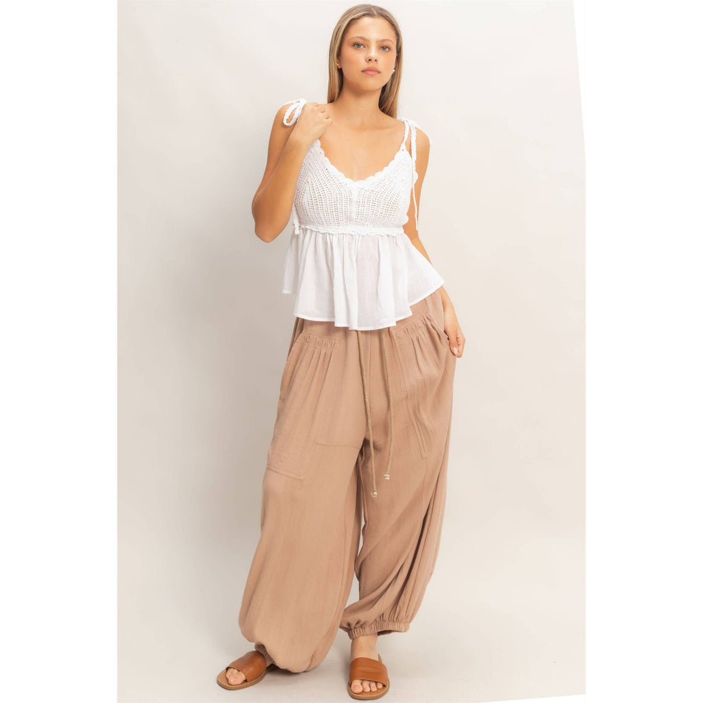 Elastic Hem Drawstring Pants: DUSTY SAGE / S-M-L(2-2-2)