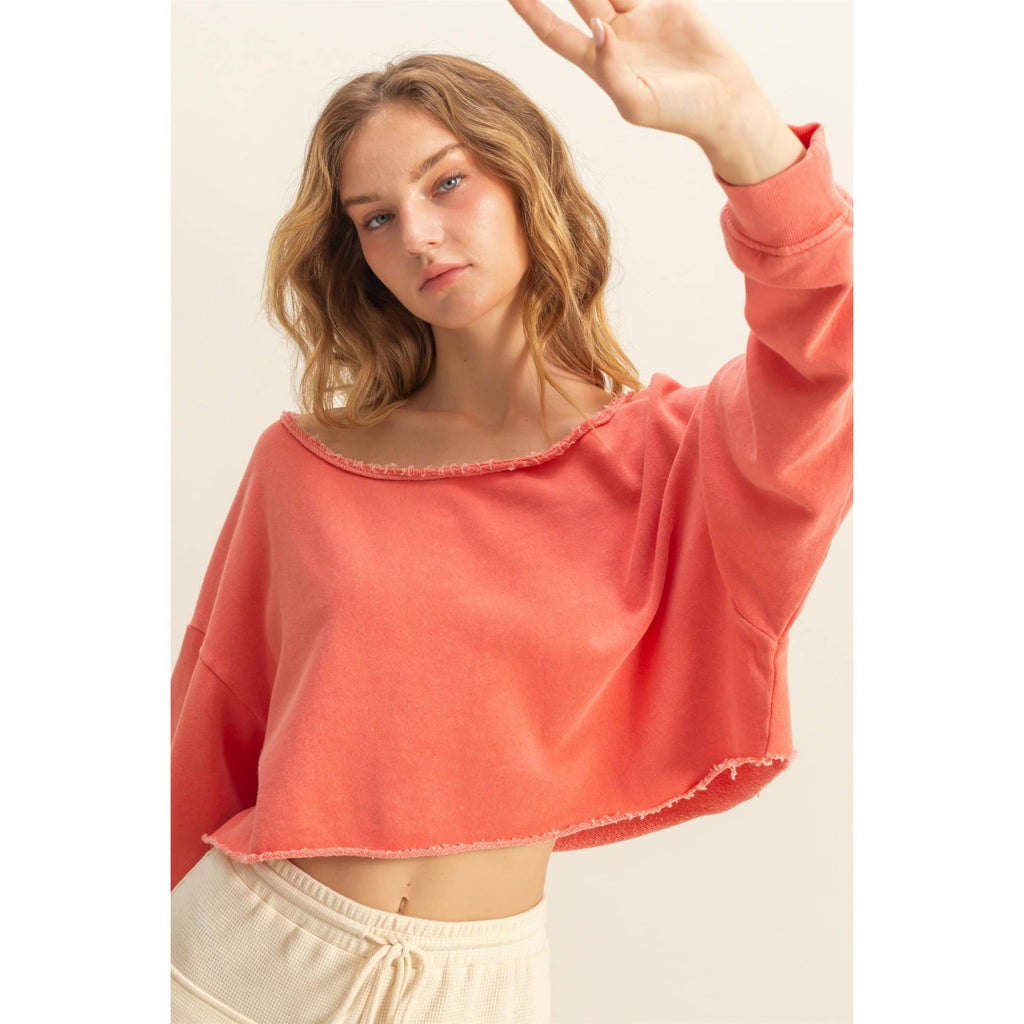 Frayed Detail Long Sleeve Crop Top: SAGE GREEN / S-M-L(2-2-2)