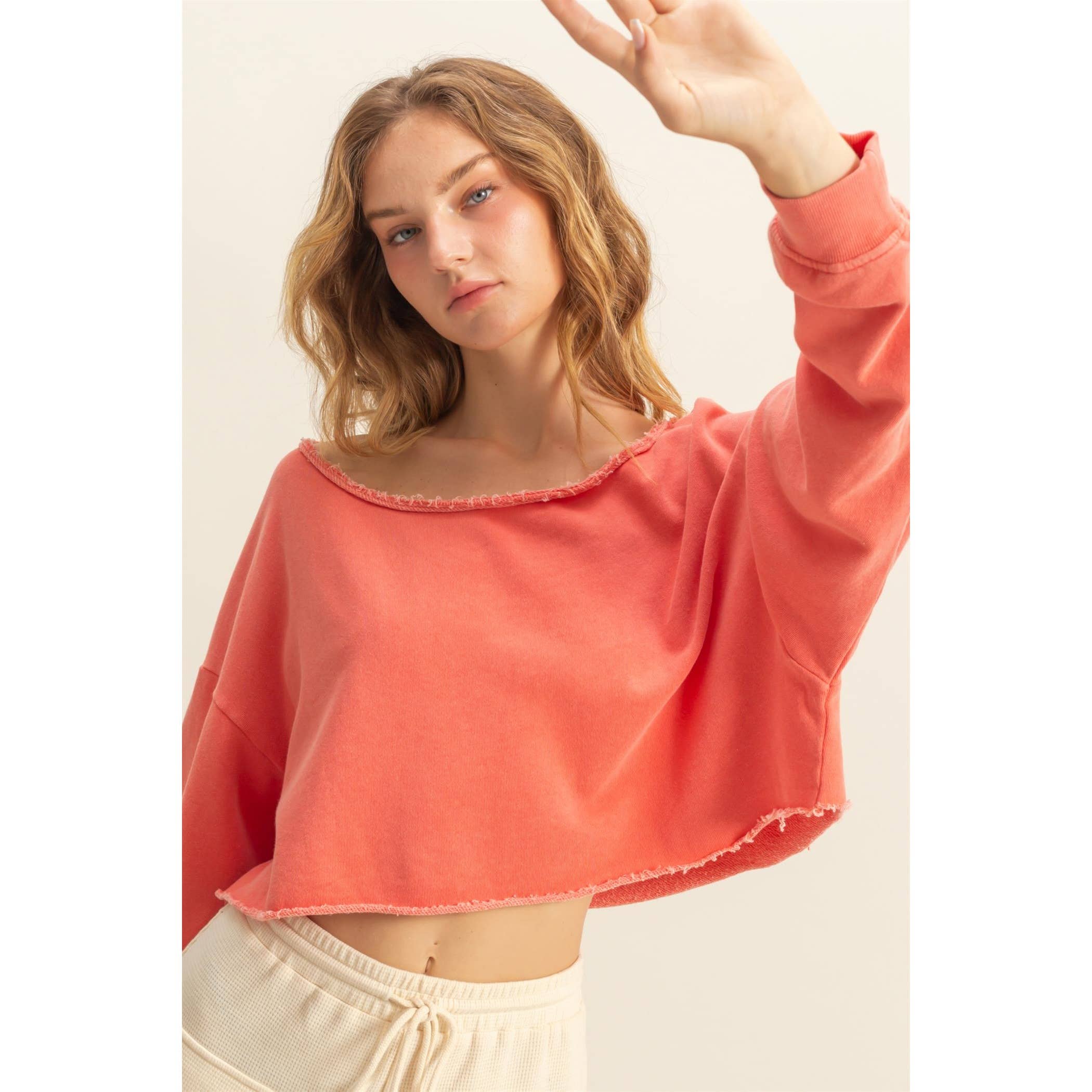 Frayed Detail Long Sleeve Crop Top: SAGE GREEN / S-M-L(2-2-2)
