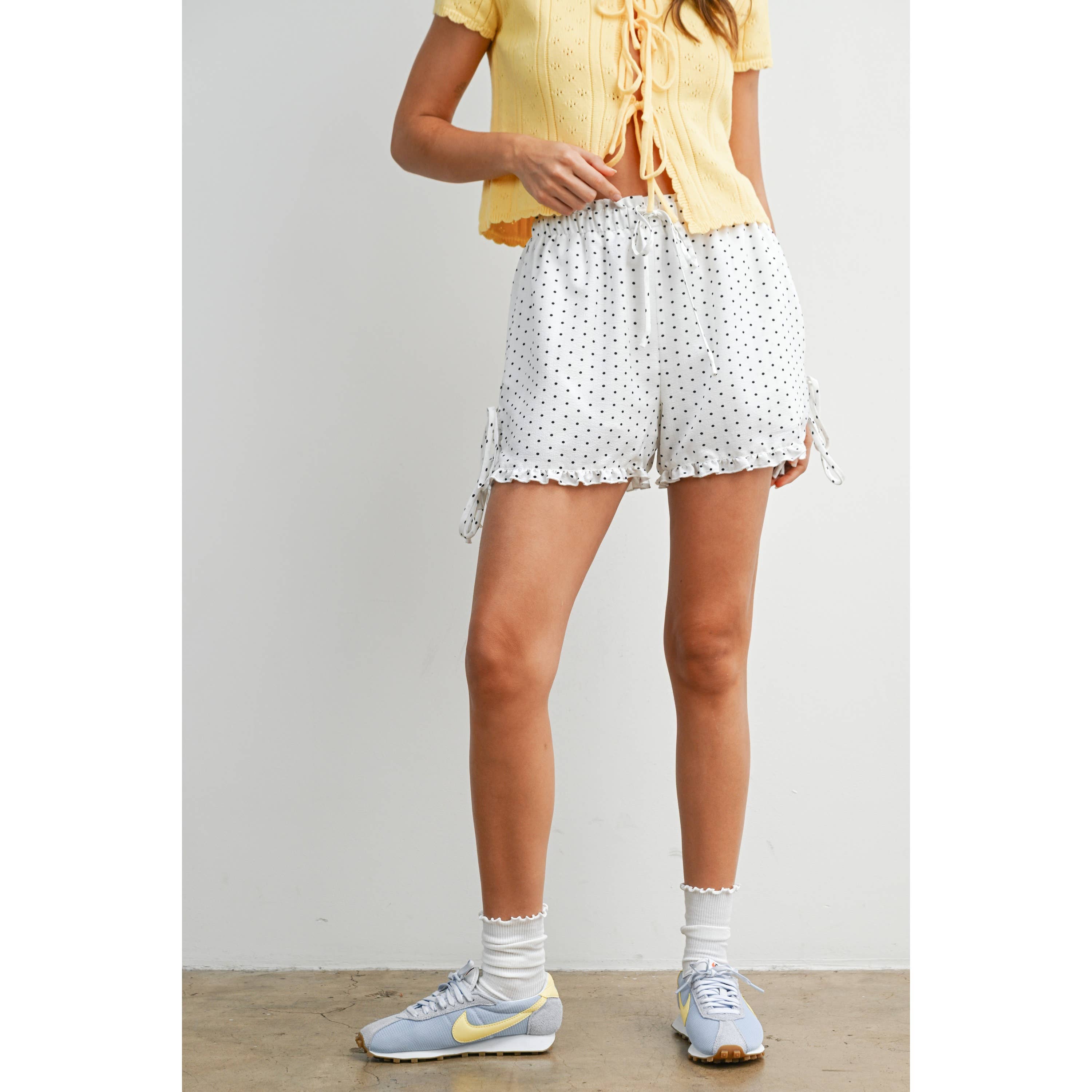 Polka Dot Ruffle Hem Tie-Side Shorts - BMP8189: IVORY / BLACK / S