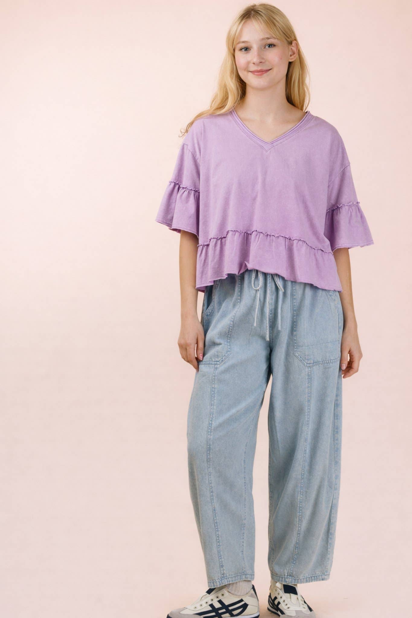 Mineral Washed Ruffle Detail Knit Top: BLUE /