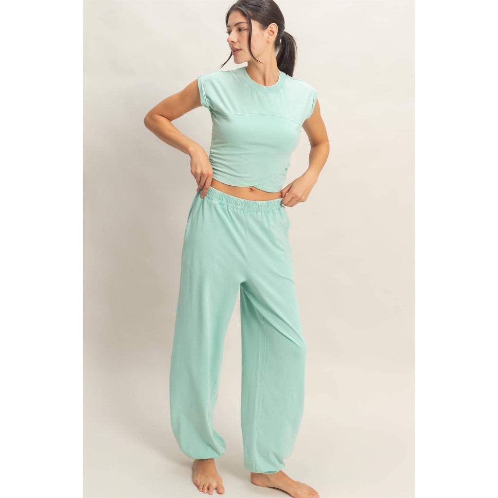 Rolled Sleeve Wrap-Front Crop Top And Jogger Set: SAGE GREEN / S-M-L(2-2-2)