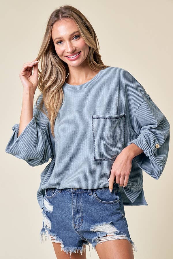 LMT4101-Celine Long Sleeve Top: LIGHT BLUE /