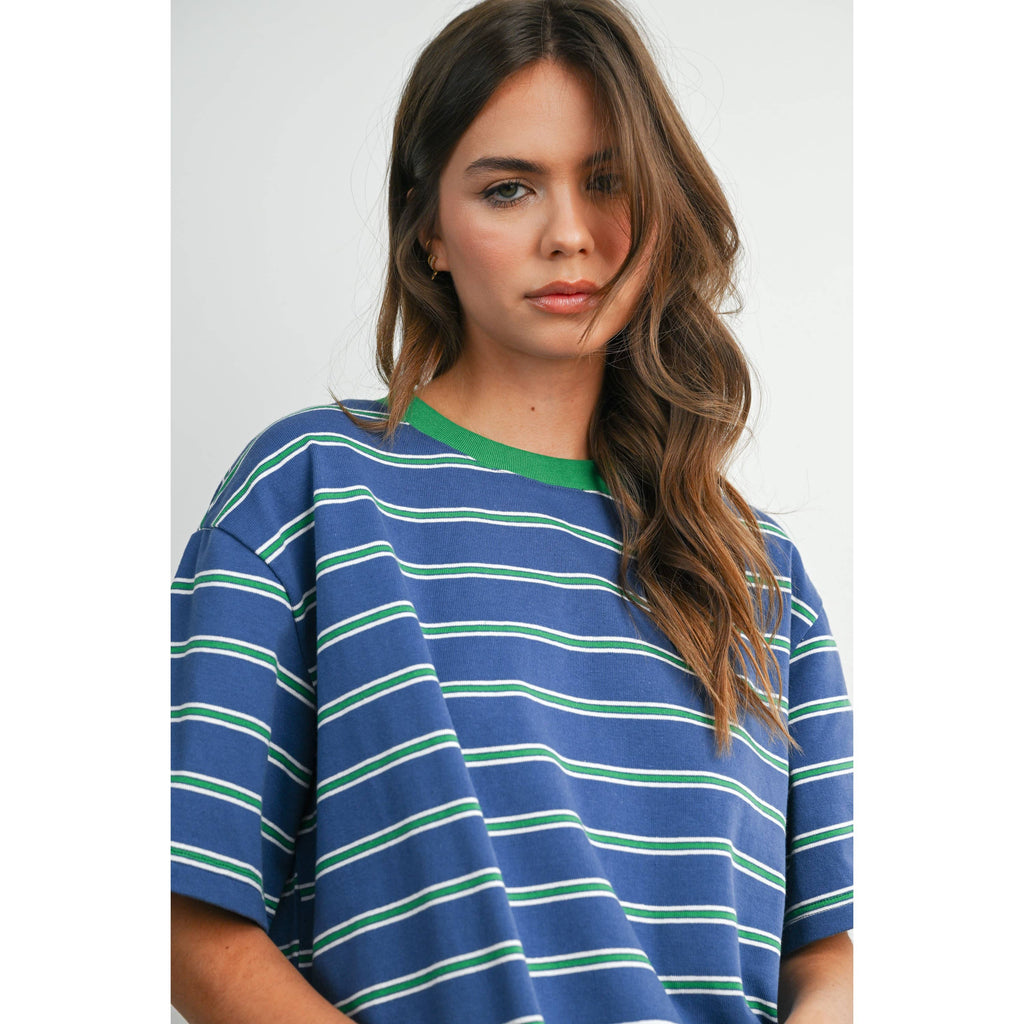 Striped Boxy Cropped T-Shirt - BMT8347: GREEN / PINK / L
