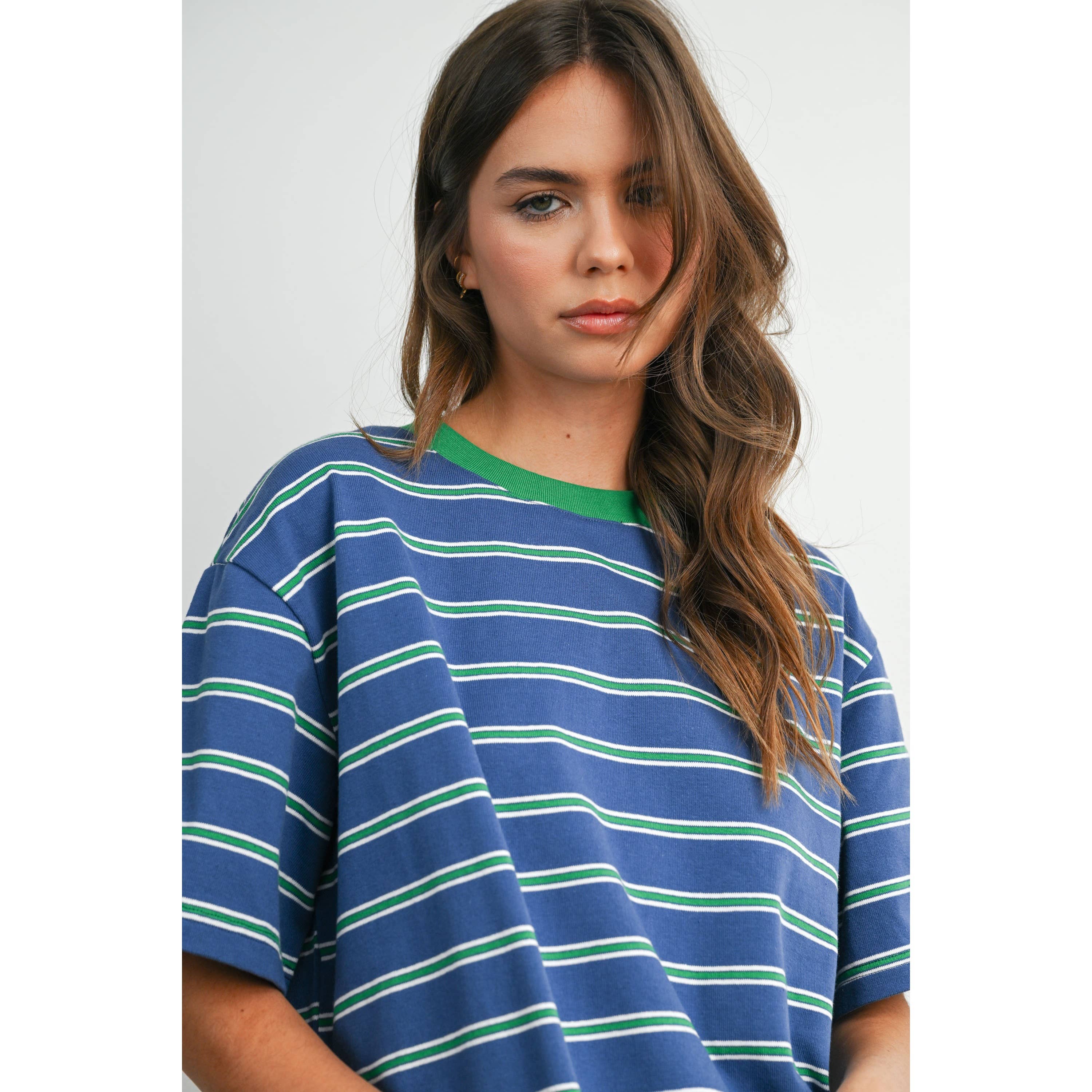 Striped Boxy Cropped T-Shirt - BMT8347: GREEN / PINK / L