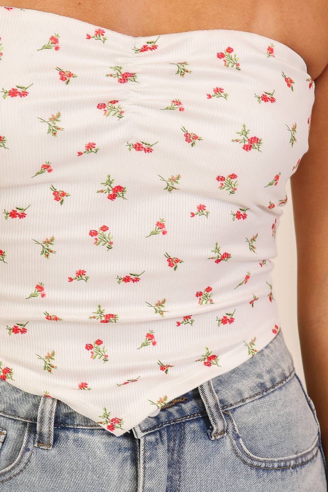 Floral Ribbed Handkerchief Tube Top: Sage / L