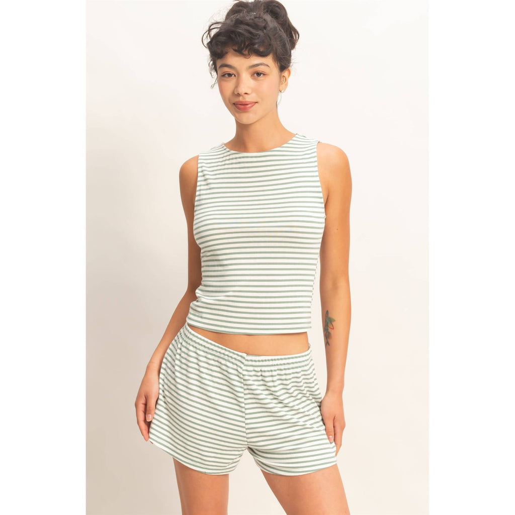 Striped Sleeveless Tank And Shorts Set: BLACK / S-M-L(2-2-2)