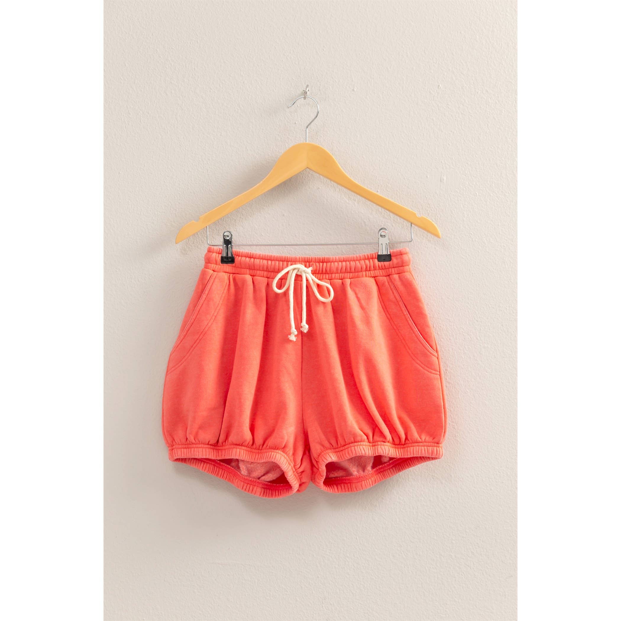Drawstring Waist Bubbled Hem Shorts: CORAL / S-M-L(2-2-2)
