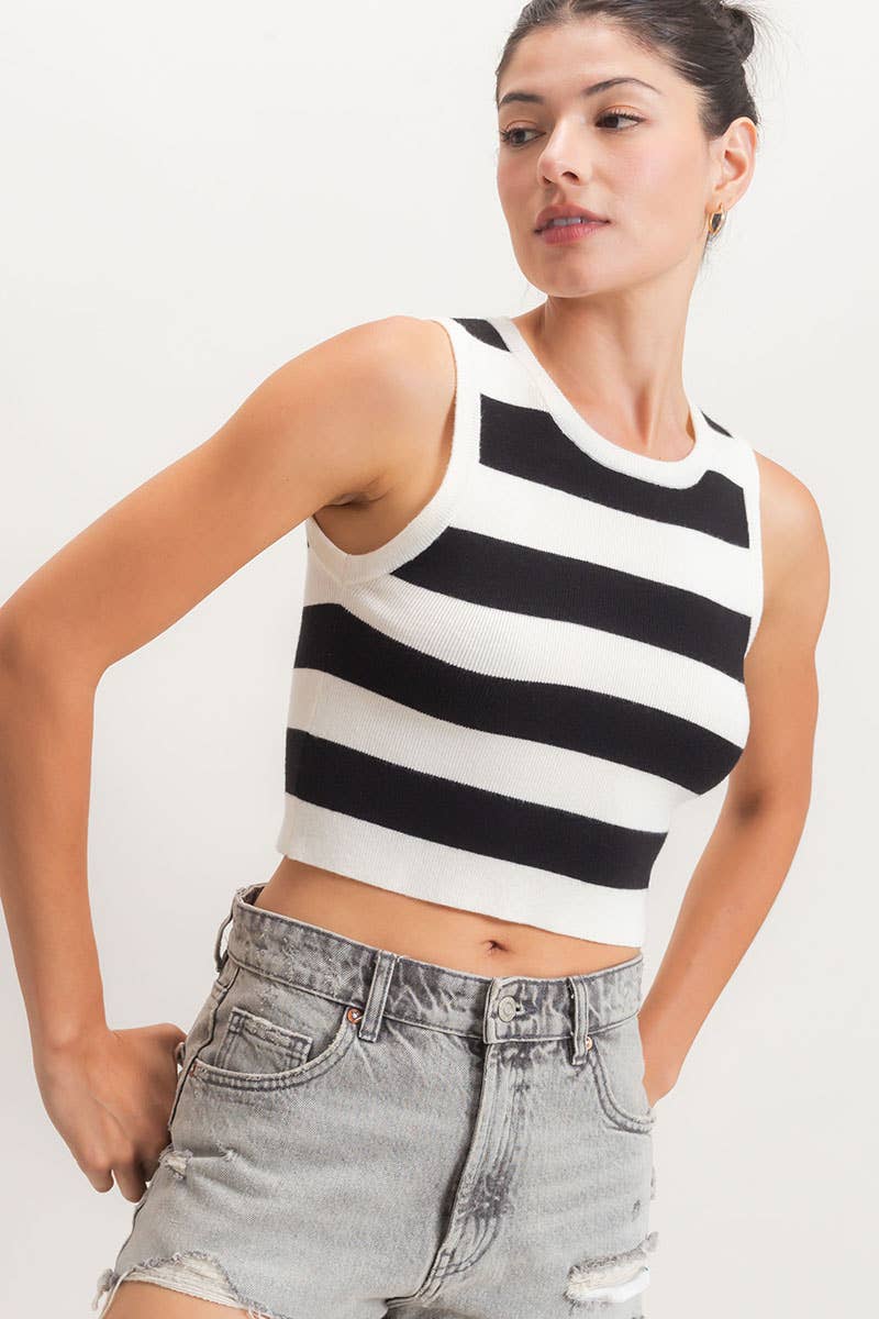 Striped Crop Tank Knit Top: PINK / S-M-L(2-2-2)