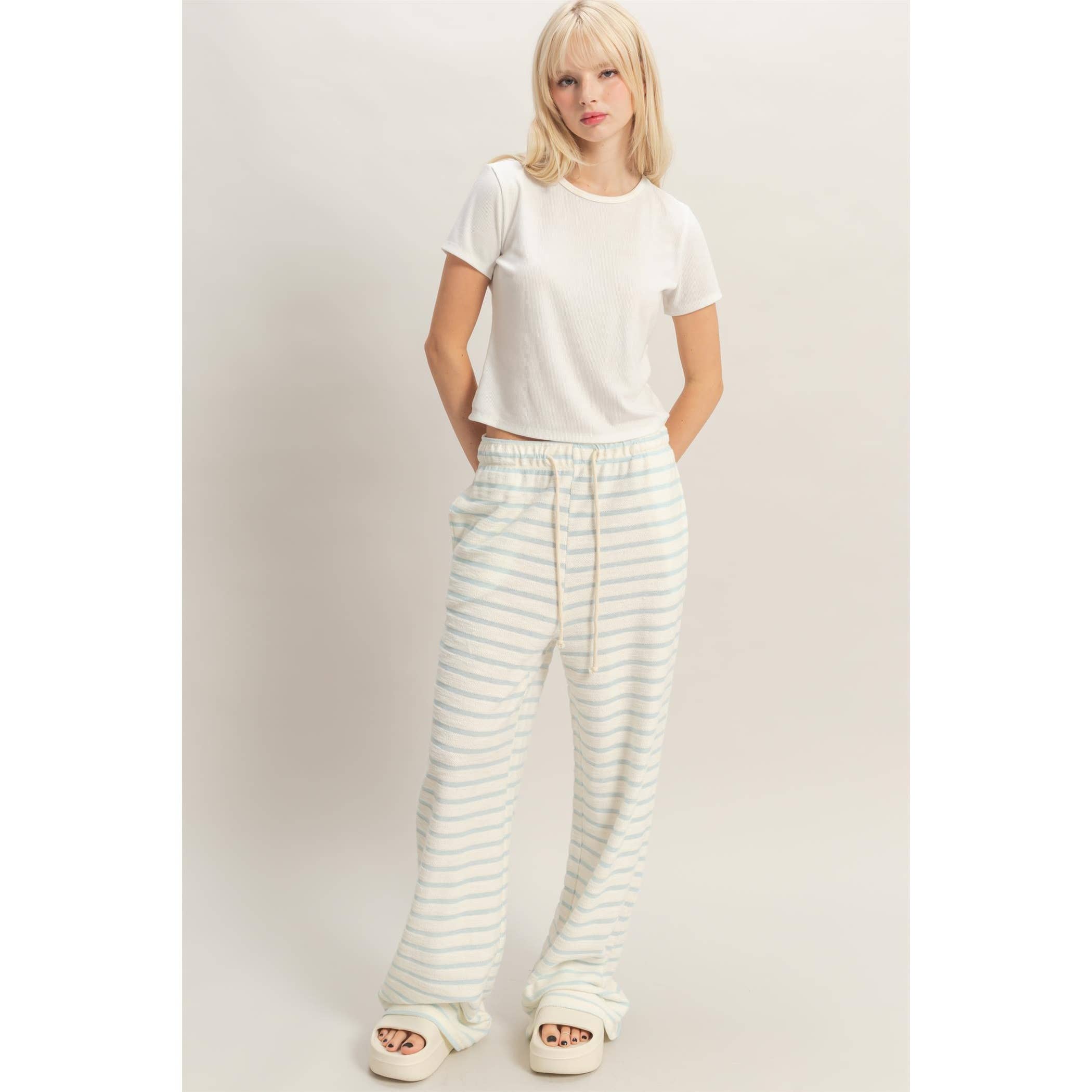 Striped Loop Terry Wide-Leg Pants: BLACK / S-M-L(2-2-2)