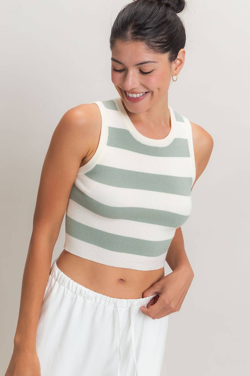 Striped Crop Tank Knit Top: SAGE GREEN / S-M-L(2-2-2)