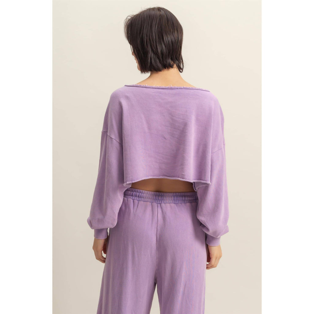 Frayed Detail Long Sleeve Crop Top: SAGE GREEN / S-M-L(2-2-2)