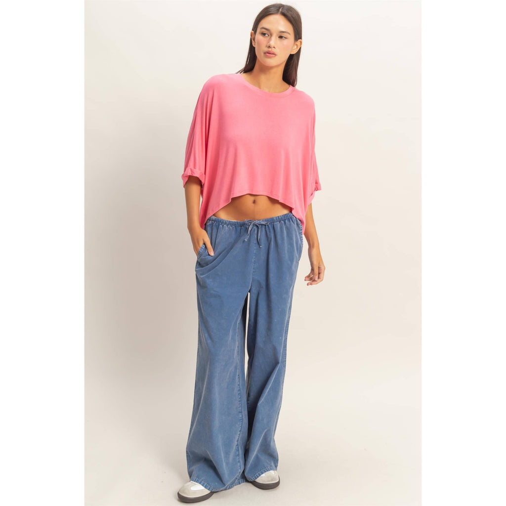 Relaxed High-Low Batwing Sleeve Top: BLACK / S-M-L(2-2-2)