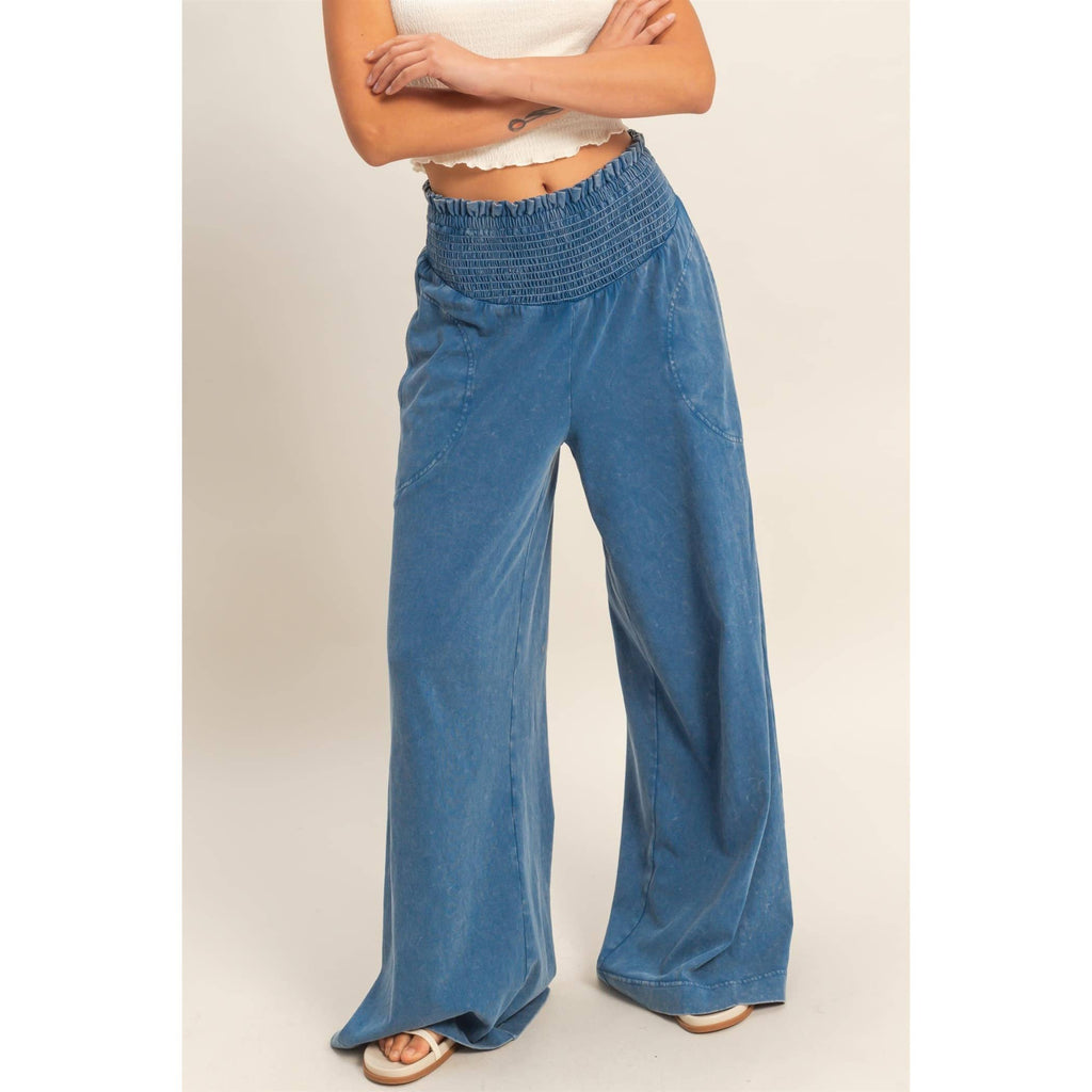 Mineral Washed Wide-Leg Smocked Waist Pants: SOFT PINK / S-M-L(2-2-2)